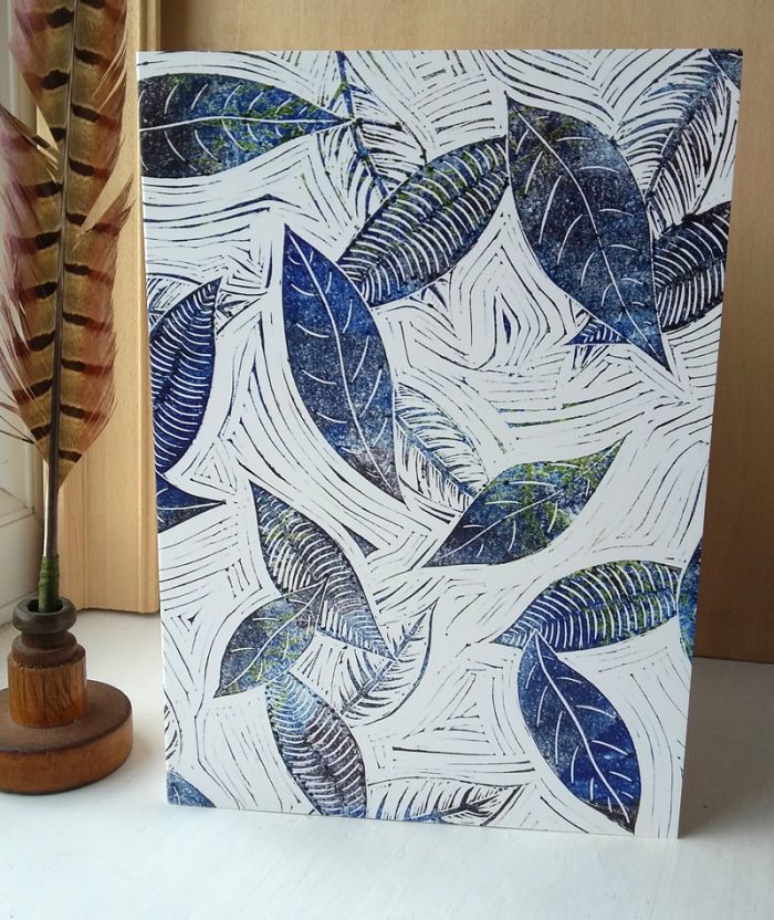 Blue Leaves of Winter A5 greetings card