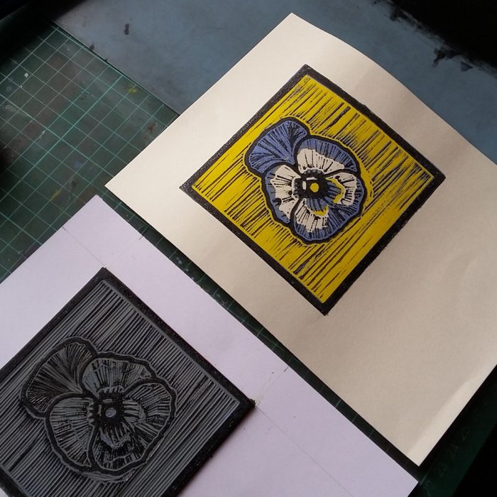 Pansy lino print production