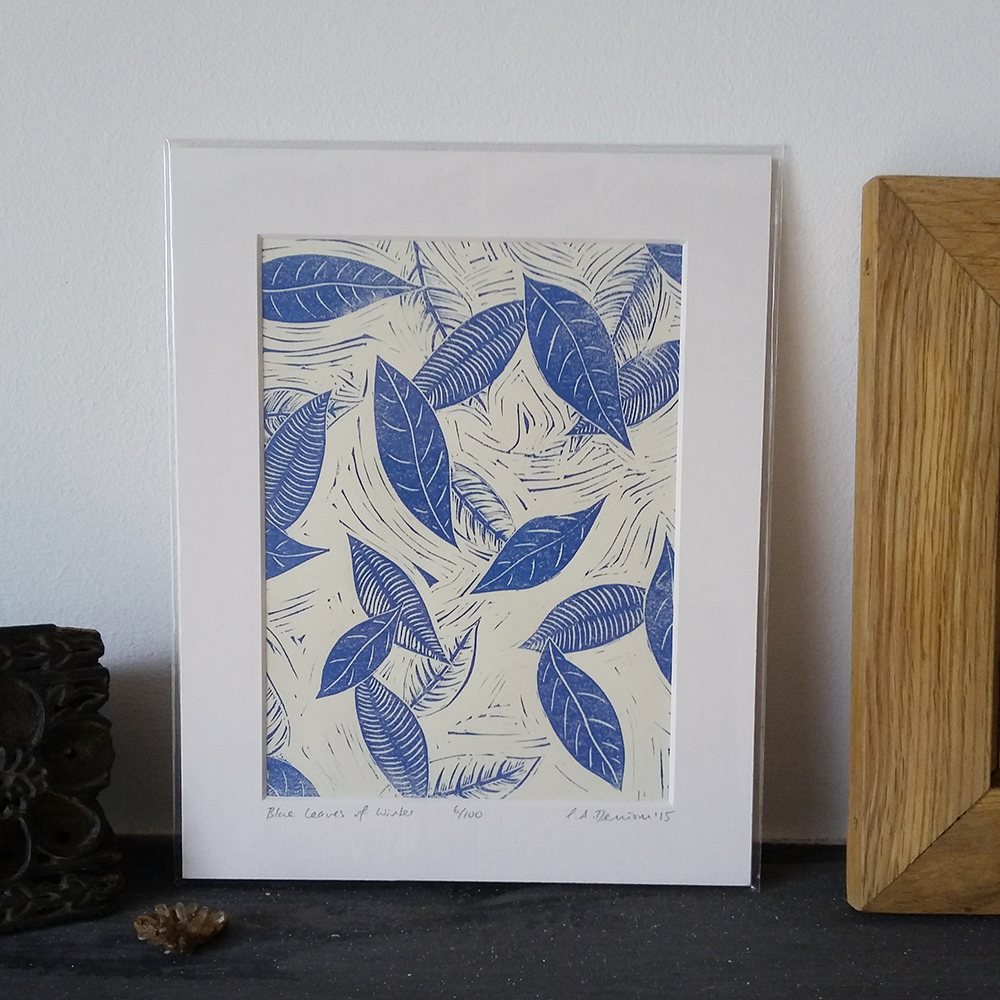 Blue Leaves of Winter lino print