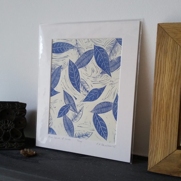 Blue Leaves of Winter lino print