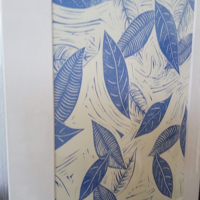 Blue Leaves of Winter lino print