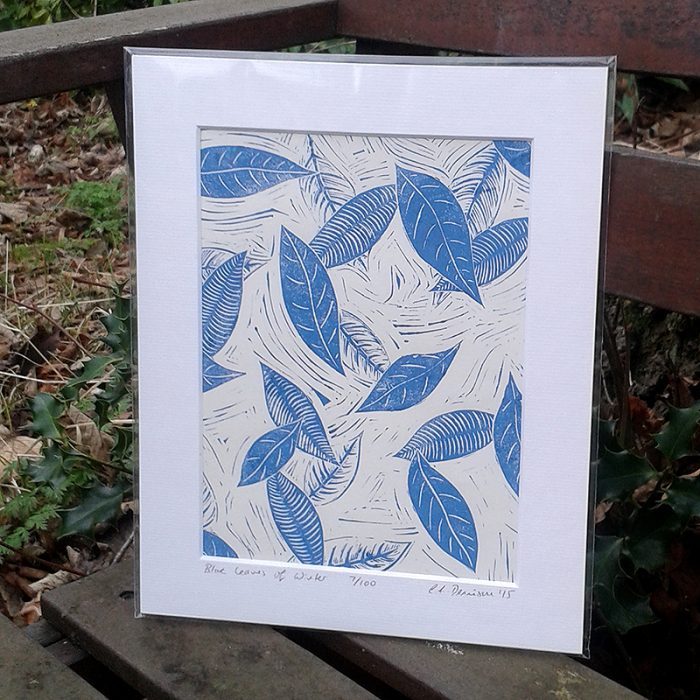 Blue Leaves of Winter lino print