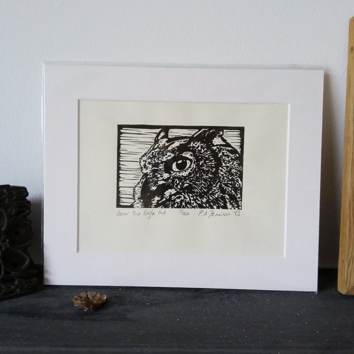 Oscar the Eagle Owl lino print