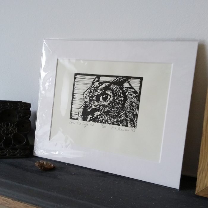 Oscar the Eagle Owl lino print