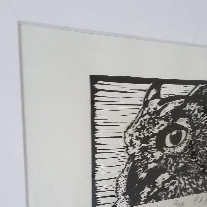 Oscar the Eagle Owl lino print