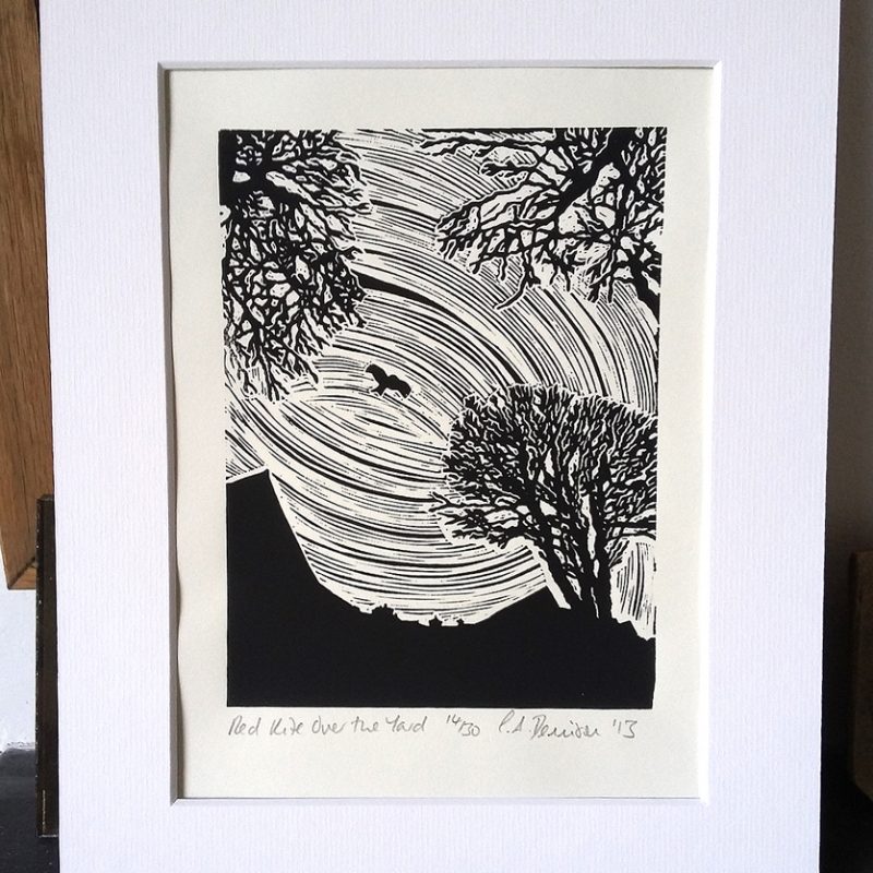 Red Kite Over the Yard lino print