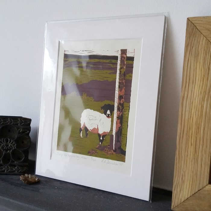 Sheep on Waskerley Moor lino print