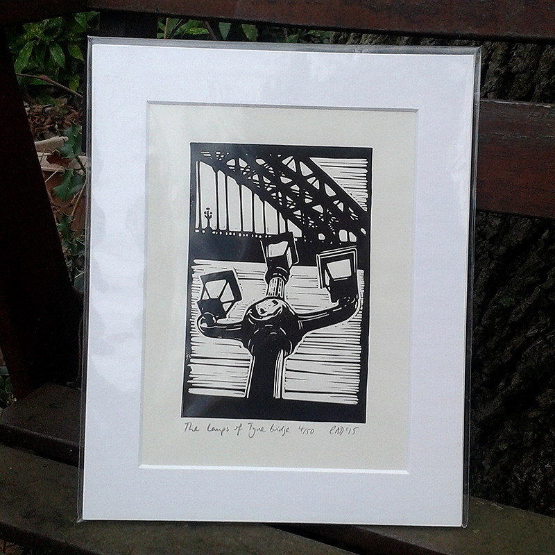 The Lamps of Tyne Bridge lino print