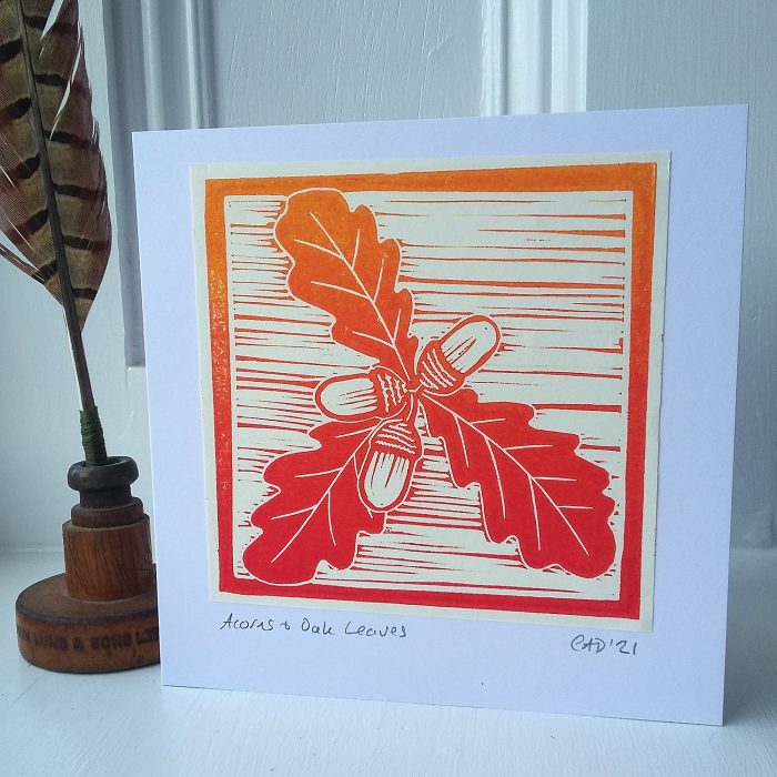 acorns and oak leaves lino printed greetings card